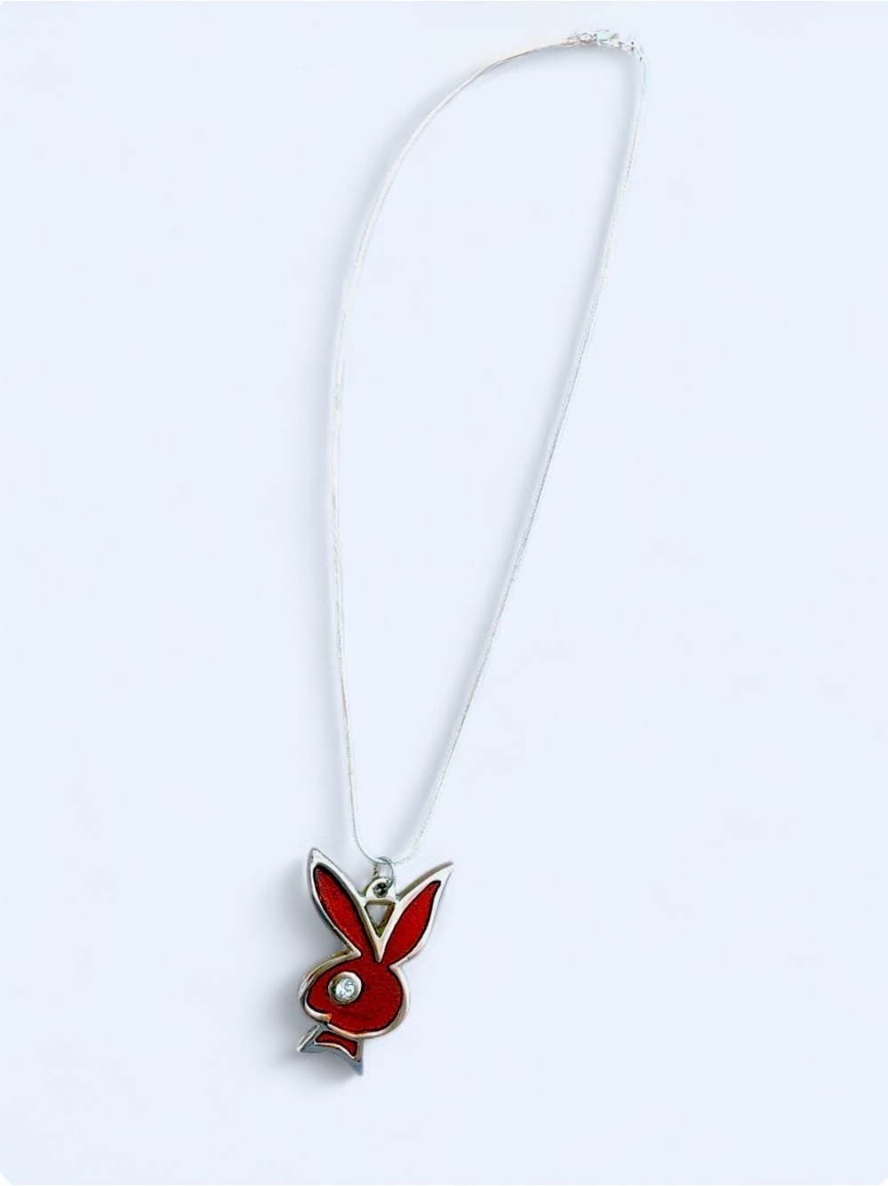 Red Enamel Playboy Bunny Pendant Necklace Silver Tone